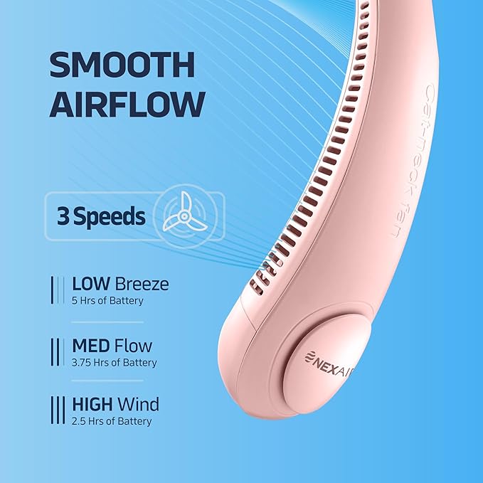 NEXAIR Portable Neck Fan -3 Speed Rechargeable Bladeless Neck Cooler, Pink Comfortable Lightweight, Personal Neck Fan For Women & Men Modern Design, Great Cooling Fan For Travel, Outdoors & Sports