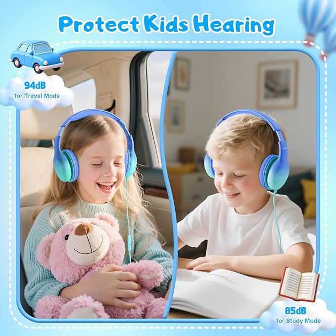 USB Type C Kids Headphones, Wired Headphones for Kids with Microphone 85/94dB Volume Limit, Stereo Sound Portable Over Ear Headphones for School/Travel/Tablet/iPad, Gradient Blue
