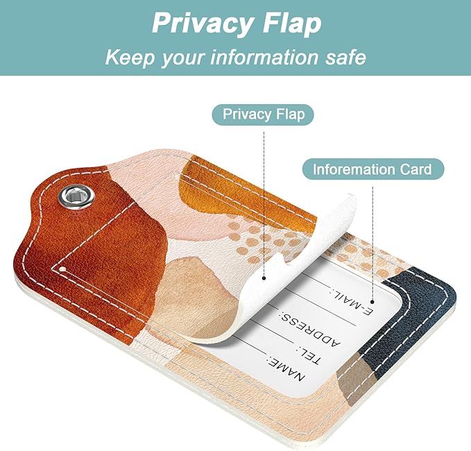 Rimilak 3 Pcs PU Leather Luggage Tags for Suitcase, Travel Cruise Luggage Tag with Privacy Flap, Name ID Label and Metal Loop for Women Men Baggage Handbag School Bag Backpack, Modern Abstract Art