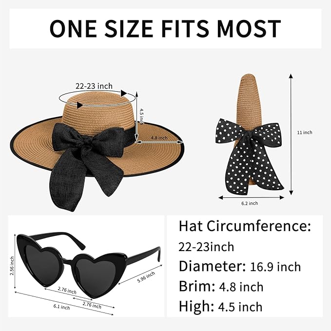 Senker Fashion Sun Hats for Women, Wide Brim Floppy Beach Straw Hat for Summer Travel Vacation Foldable with Sunglasses