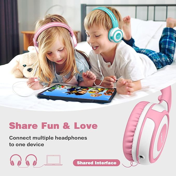 SIMOLIO Wired Headphones for Kids with Mic & Share Port, 75dB/85dB/94dB Volume Limit Children Headphone with Portable Bag for School/Travel, Stereo Sound, Tangle-Free Cord (Pink&White)