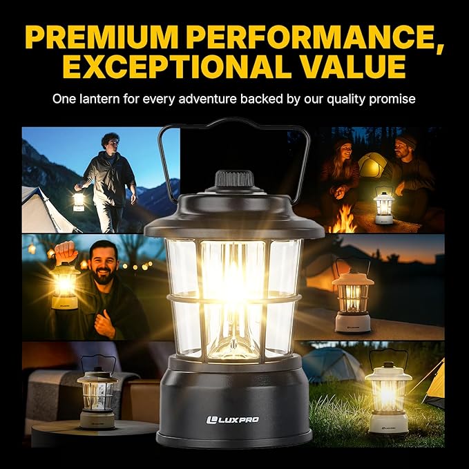 LUXPRO Retro LED Lantern - Battery-Powered Emergency Lantern - Water Resistant - Bright LED Lamp for Indoor & Outdoor Use - Use for Tents, Hiking or Hurricane Prep (Black, Pack of 1)