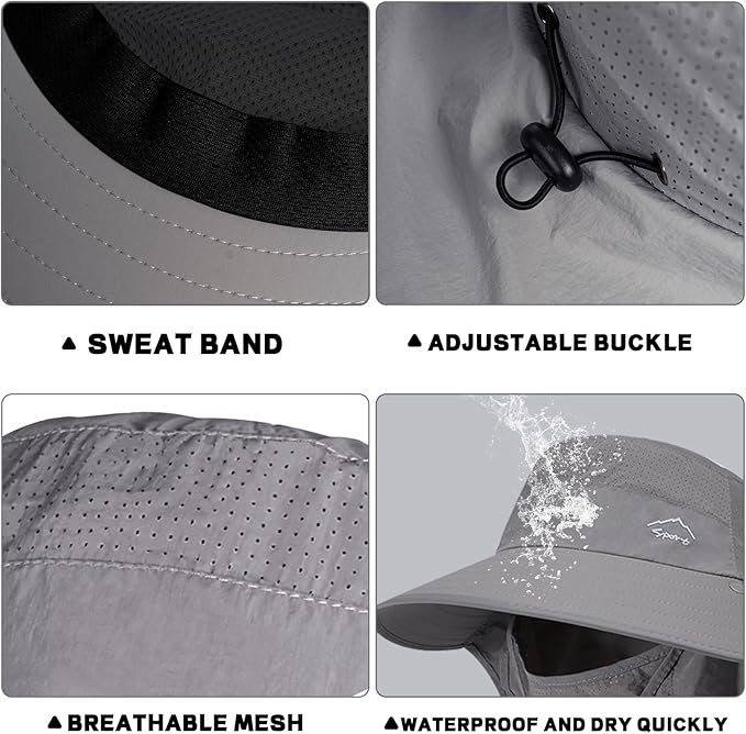 Rosoz Sun Hat for Men Women with Neck Flap,Wide Brim UPF50+ Fishing Hat with Detachable Face Cover Outdoor Sun Protection Hat