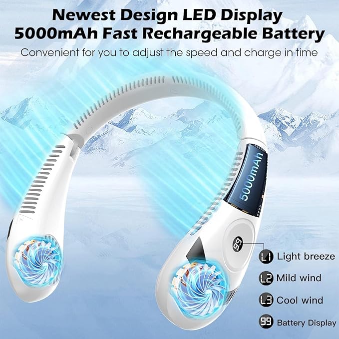 Foldable LED Display Neck Fan - 5000mAh Portable Bladeless Fan with 3 Speeds, USB Rechargeable Personal Neck Cooler for Travel, Outdoor, Office, Camping - White