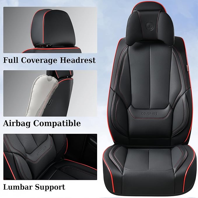 Coverado Universal Seat Covers Full Set, 5 Seats Universal Seat Covers for Cars, Waterproof Nappa Leather Car Seat Covers with Head Pillow, Auto Protectors Fit for Most Pick-up Truck, Black&Redline