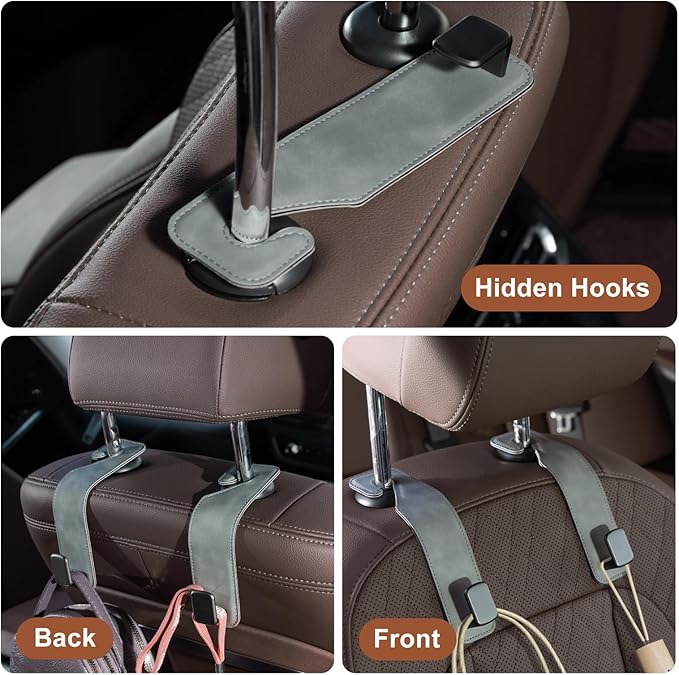 CoBak Headrest Hooks for Car - Universal Premium Stitched Leather and Aluminum-Magnesium Alloy Single Car Seat Back Storage Hook for Purses, Handbags, Bags (2 Pack),Gray