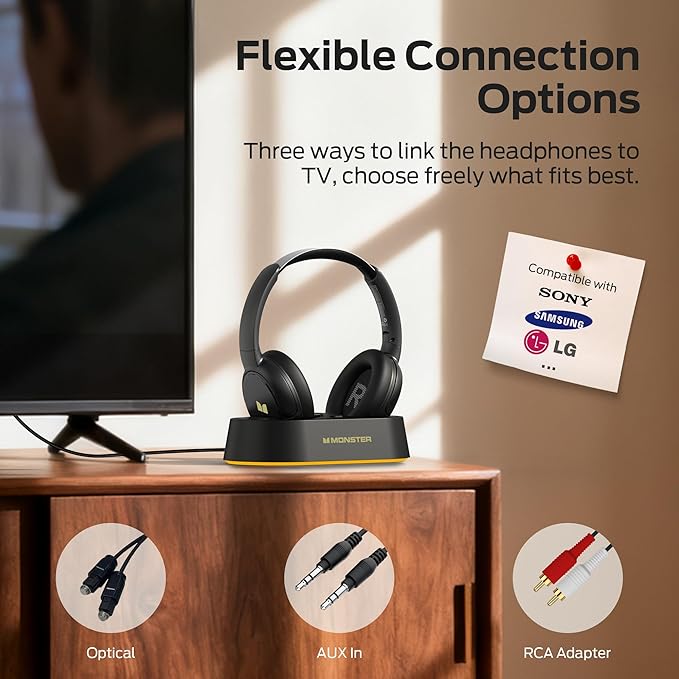Monster TVlink 300 Wireless Headphones, TV Headphones Wireless for Seniors with Transmitter Charging Base, Over Ear Headphones with Bluetooth 5.3, 45H Playtime, No Audio Delay, Comfortable Fit