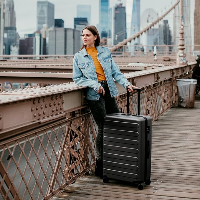 NINETYGO Large Checked Luggage 28 Inch, Checking In Luggage with Smooth Spinner Wheels, Lightweight, Hard Shell PC Suitcase, Lightweight Travel Luggage, TSA Approved (Black, Rhine Basic)