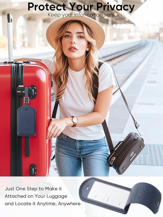 Luggage Tags Built-in Anti-Loss Tracker, Luxury Leather Luggage Tags for Suitcase, Travel Bags, Backpacks, Travel Organizer for Lost Baggage Prevention (Navy Blue)