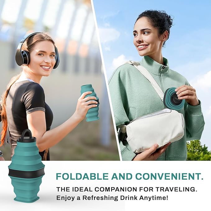 2pcs Collapsible Water Bottles,600ml Foldable Water Bottle BPA Free Reusable Lightweight LeakProof Silicone Bottle for Travel Hiking Camping Sports,Collapses to 1.5” with Anti-Collapse Ring