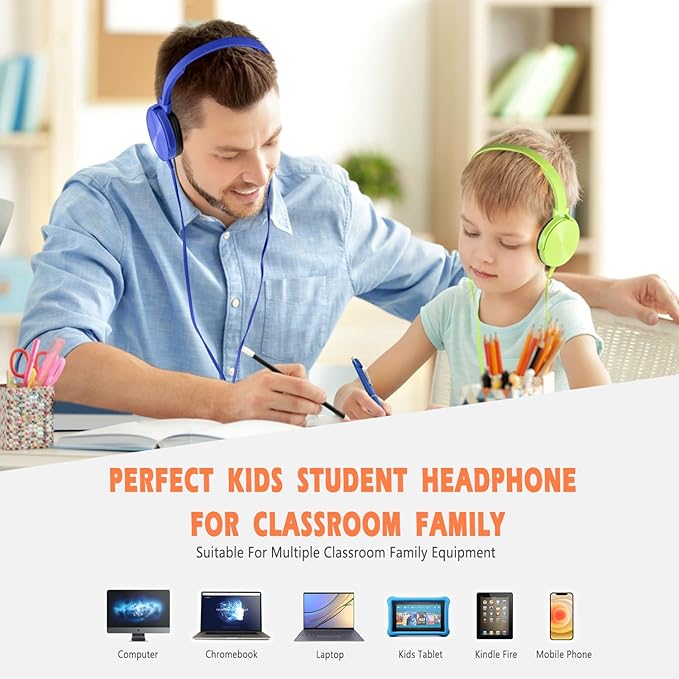 Kids Headphones 2 Pack for School Classroom Students, Durable Comfy Swivel Wired Headset for Online Learning, Noise Stereo Sound 3.5mm Jack for Chromebook, Computer, Laptop(Dark Blue+Green)