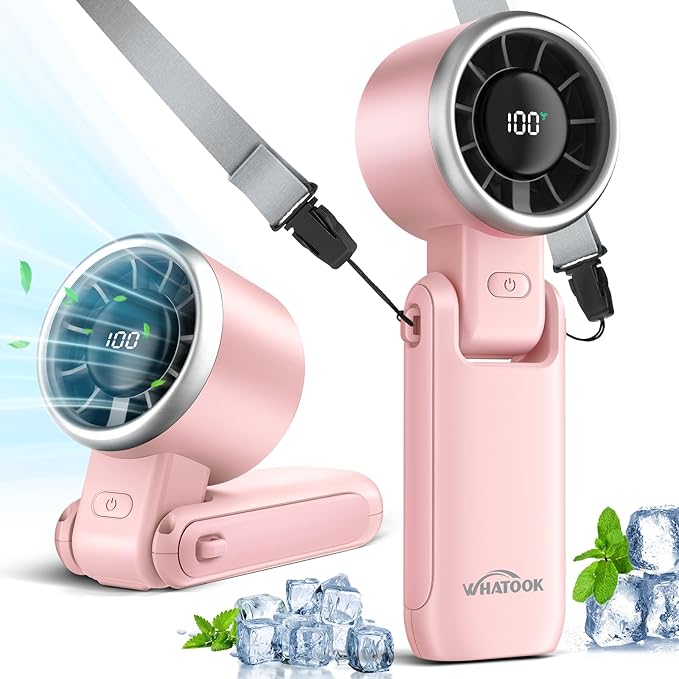 WHATOOK Portable Handheld Fan: Personal Fans with Air Turbo Tech, 5 Speeds Led Display, USB Rechargeable Battery Powered, 12 Hours Max, Mini Fan for Makeup, Concerts, Beaches, Travel (Pink)