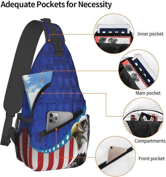 Bald Eagle American Flag Sling Bag Multipurpose Crossbody Sling Backpack Travel Cycling Hiking Shoulder Bag For Women Men