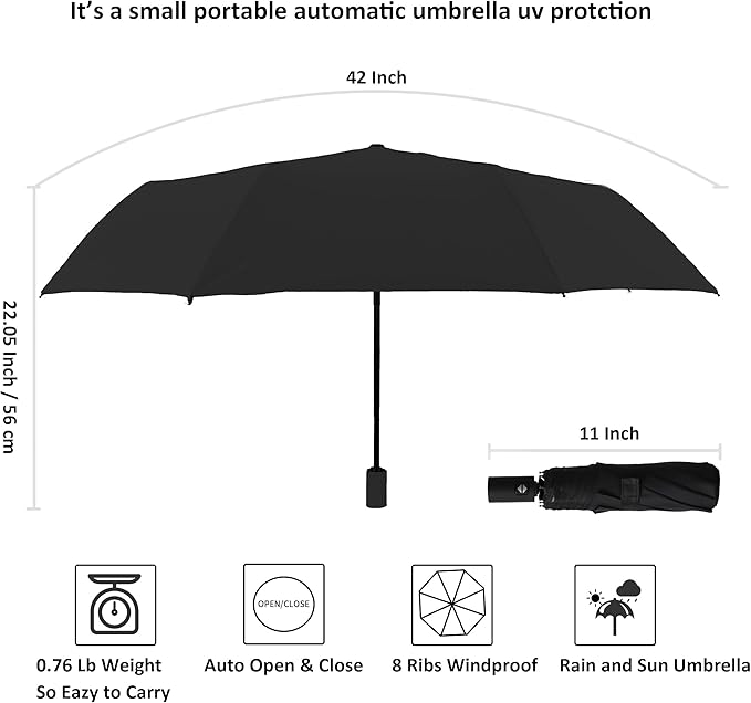 BAODINI Small UV Protection Travel Umbrella Compact for Rain and Sun UPF 50+ Windproof Portable 42 inch Umbrella for Women and Men