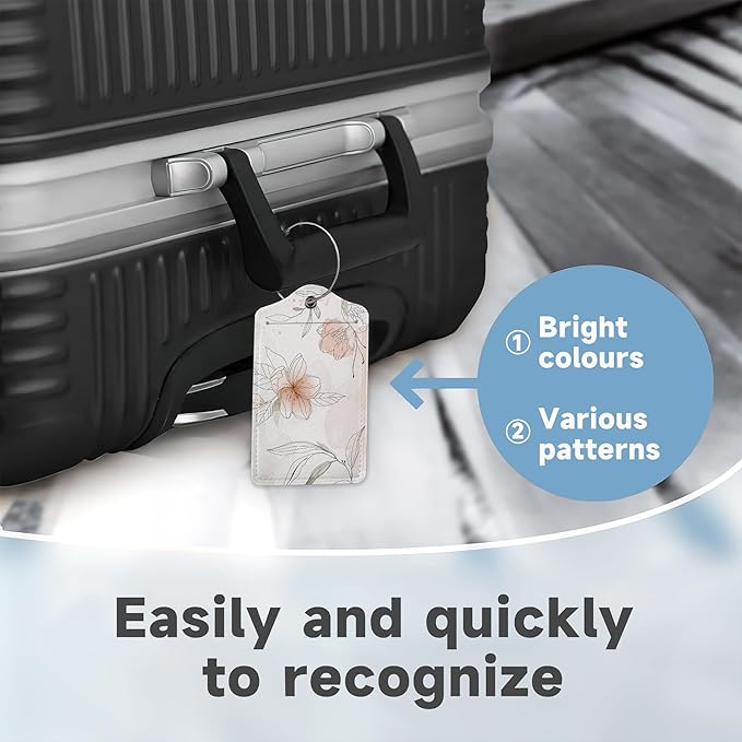 Set of 2 Luggage Tags for Suitcases,Leather Floral Leaves Line Art Baggage Tags with Stainless Steel Loop, Privacy Name ID Card Cover Kawaii Travel Labels for Women Men Kids Girls
