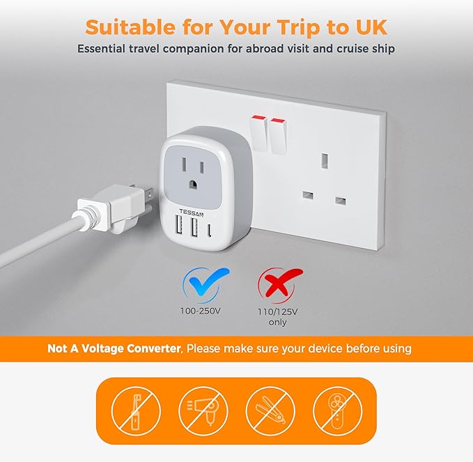 UK Adapters for Travel, TESSAN US to UK Plug Adapter, Ireland Outlet Plug with 3 USB Charger (1 USB C Port), Type G Power Adaptor for USA to England Qatar Hong Kong Scotland Dubai London Kenya Irish
