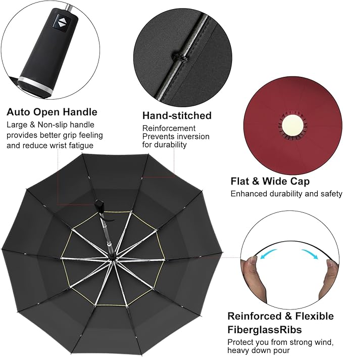 Satol Extra Large Golf Umbrella, 46/54/62 Inch Windproof 10 Ribs Vented Double Canopy Reflective Strips Automatic Open/Close Waterproof UV Protection Portable Compact Umbrella for Outdoor & Travel