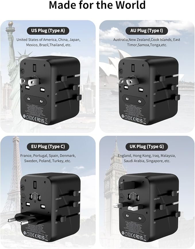 MOMAX Universal Travel Adapter, 20W+18W International Plug Adapter with 2 USB-A Quick Charging & 1 USB C PD Fast Charging,1 AC, All-in-one Wall Charger for USA EU UK AUS JP (Type C/A/G/I)