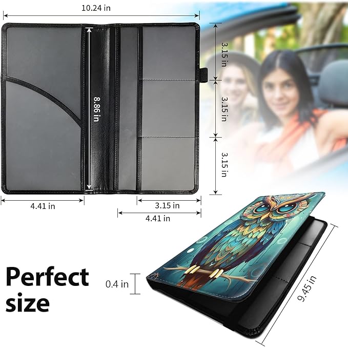 Car Registration & Insurance Holder, Leather Glove Box Organizer, Cool Accessories for ID, Driver's License Cards & Essential Documents, Business Cards, Men & Women, Fantasy Owl