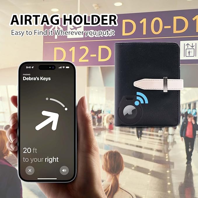 Passport Holder with Airtag for Women/Men,Airtag Passport Wallet for Travel,Cute Passport Holder Rfid Blocking,Travel Wallet for Cards Passport Cover Case (Black)