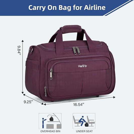HanTrip Carry on Duffel Bag Foldable Duffle Bags for Travel, Under Seat Personal Item Bags for Airplanes, Weekender Overnight Mens Travel Tote Bag for Women Small Softside Carry on Luggage (Purple)