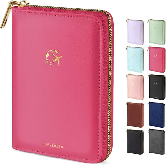 Forvencer Passport Holder Cover with Safe Zipper Closure, Premium Passport Wallet for Travel, Cute RFID Blocking Card Case, Waterproof Travel Accessories for Women, Hot Pink