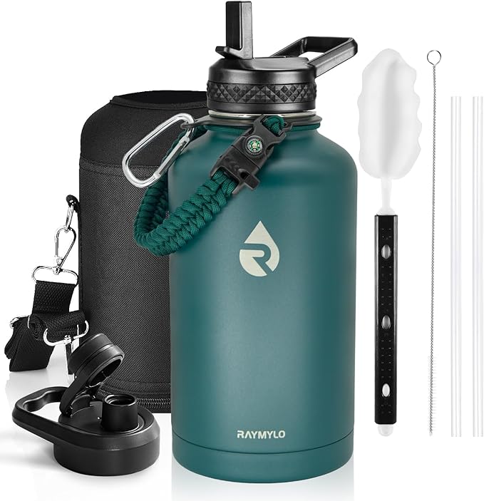 Insulated Water Bottle 64 oz, Triple Wall Vacuum Stainless Steel (Cold for 48 Hrs), Leak Proof & Non-BPA, Half Gallon Water Flask Jug with Paracord Handle & Straw Spout Lids, Dark Green