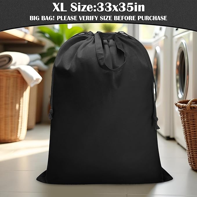 Canvas Laundry Bag 33"x 35", Thick Cotton Laundry Bag with Handles & Drawstring, Extra Large Heavy Duty Washable Basket Liner Hamper Liner Canvas Storage Sack (XL Black)