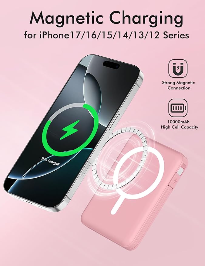 podoru for Magsafe Battery Pack, 10000mAh Magnetic Power Bank Built-in Double USB C Cables 22.5W PD Fast Charging LED Display Wireless Portable Charger for iPhone 17/16/15/14/13/12 Series-Pink