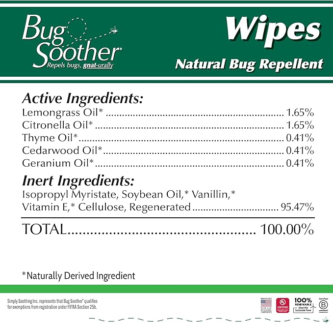 Bug Soother Wipes (30 ct) - Natural Insect, Gnat and Mosquito Repellent & Deterrent - 100% DEET-Free Safe Bug Wipes for Adults, Kids, & Pets - Made in USA
