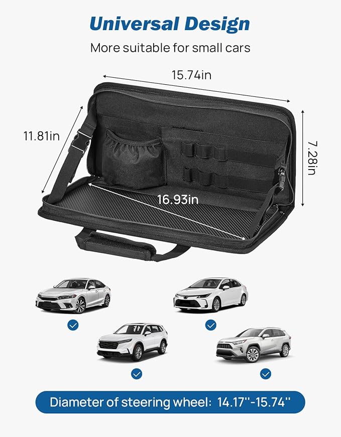 JOYTUTUS Steering Wheel Tray, Car Multifunctional Laptop Desk, Car Office Bag, Back Seat Headrest Table for Eating, Fit for Small sedan and Small SUV, Like the Honda Civic, Honda CR-V, etc.