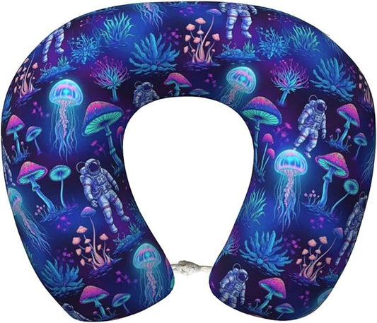 Travel Neck Pillow for Pain Relief Sleeping, Underwater Jellyfish Astronauts Mushroom Art, Comfortable Memory Foam Chin Head Cushion Support with Zip Cover, Fashion Car Flight Pillows