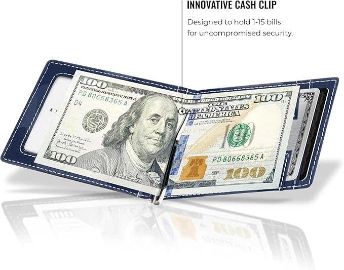 Kings Loot Money Clip Slim Minimalist Wallet for Men – RFID Blocking Leather Design with Money Clip – Front Pocket Bifold Holds 12 Cards – Stylish & Compact Wallets (Camo Blue)