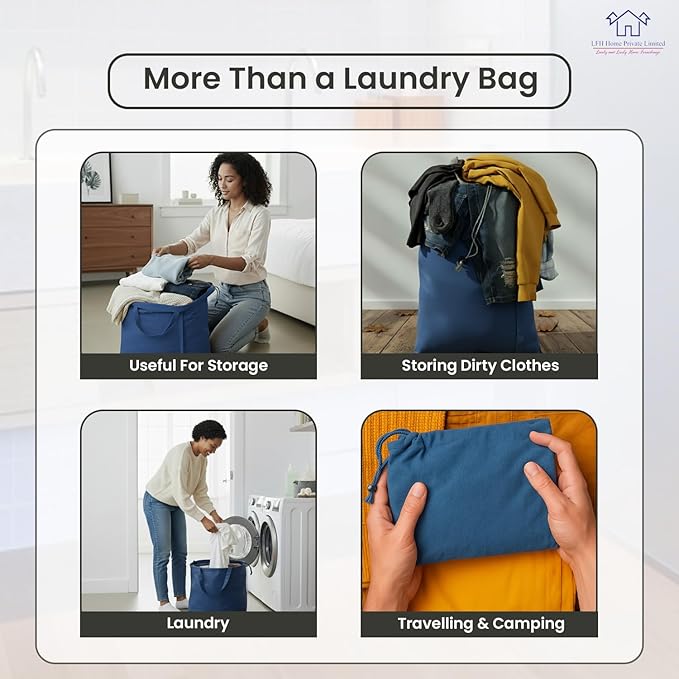 LFH Home Cotton Canvas Large Laundry Bag with Handle, Heavy Duty Drawstring Closure Washable Laundry Bags, School Travel, Home, Hotel, College Dorm, Organizer Sack, Toys Clothes 24x36-Sky Blue