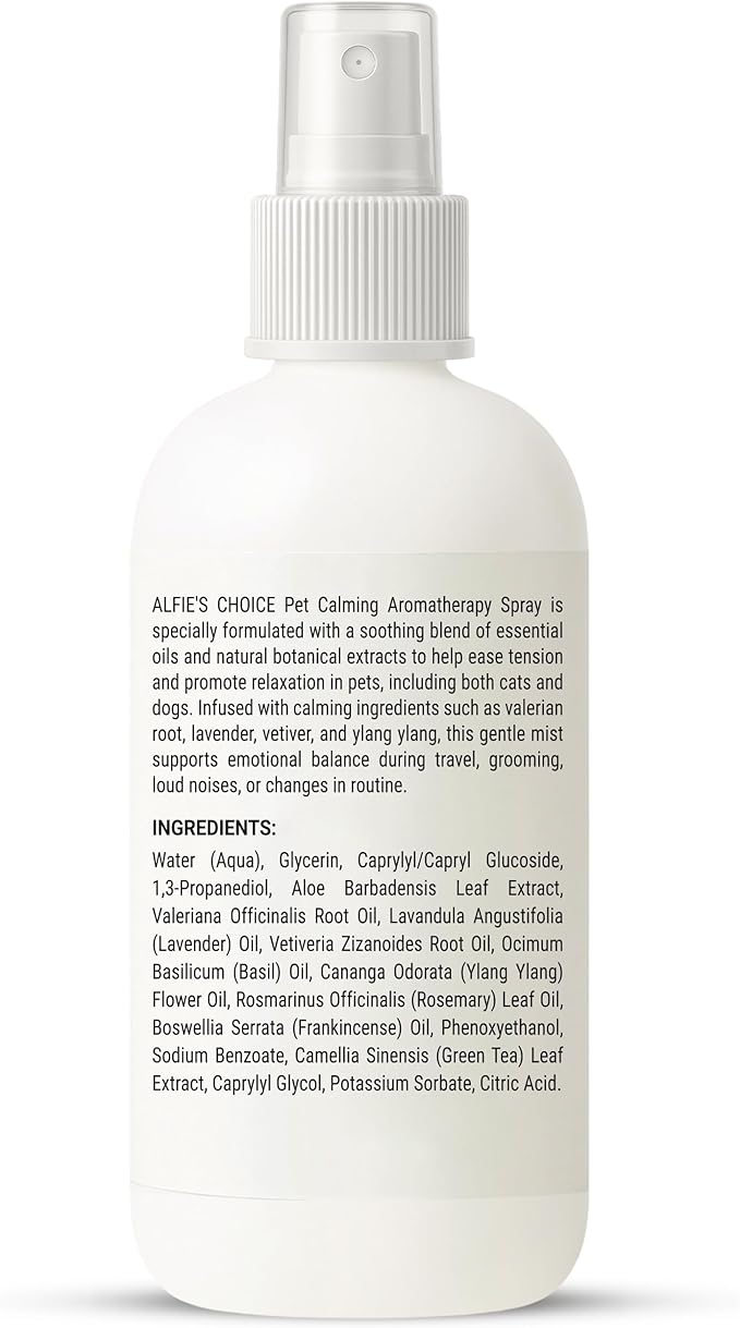 ALFIE'S CHOICE Pet Calming Aromatherapy Spray | 3 fl oz | for Dogs & Cats | Water Based Botanical Mist with Lavender, Ylang Ylang & Valerian | Promotes Calm and Relaxed Environment
