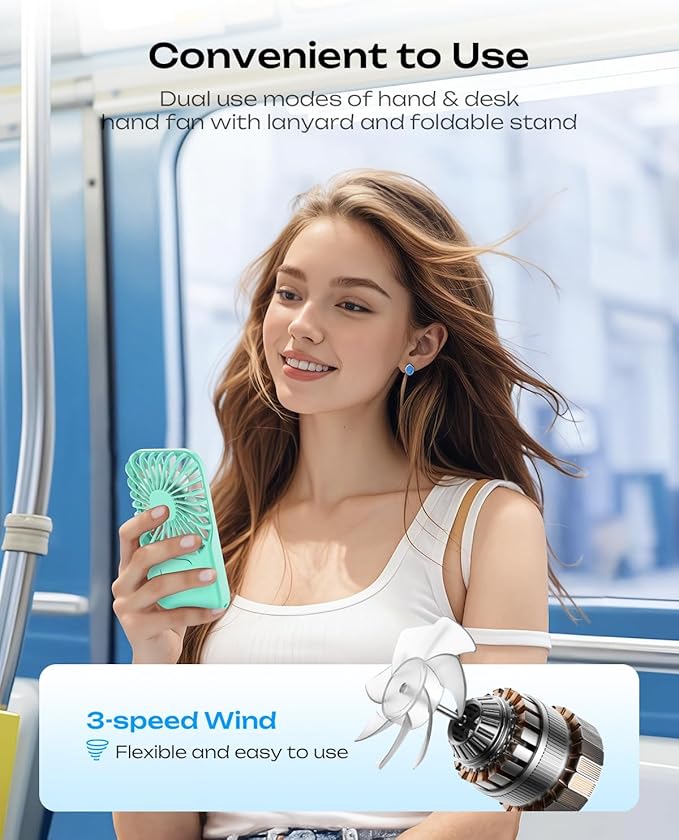 Otlonpe Rechargeable Mini Portable Handheld Fan, Small Personal Battery Powered Handheld Portable Fans for Hand Held Desktop Travel, Foldable Stand, Slim Cordless, Wrist Strap, 3-Speed (Teal)