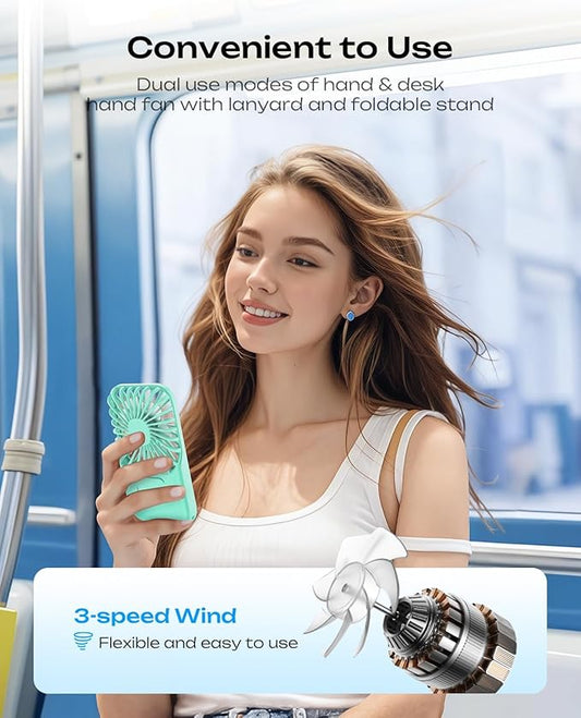 Otlonpe Rechargeable Mini Portable Handheld Fan, Small Personal Battery Powered Handheld Portable Fans for Hand Held Desktop Travel, Foldable Stand, Slim Cordless, Wrist Strap, 3-Speed (Teal)