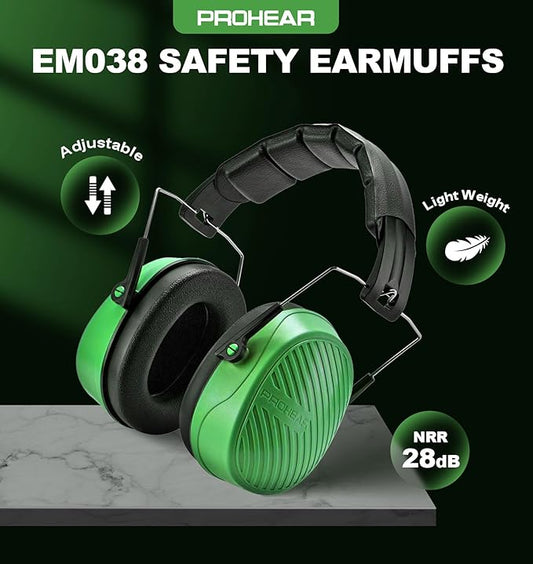 PROHEAR 038 Ear Protection Safety Earmuffs for Mowing, 28dB Noise Reduction Passive Hearing Protector, Compact Foldable Headset for Shooting Construction Power Tools, Green