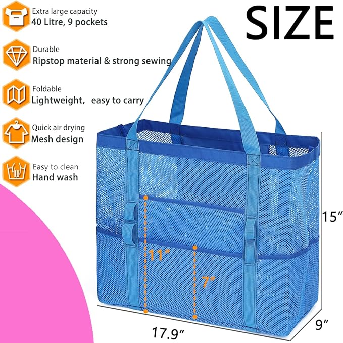 Mesh Beach Bag, Large Beach Tote with Zipper Pocket for Family Pool Bag for Toys & Vacation Essentials