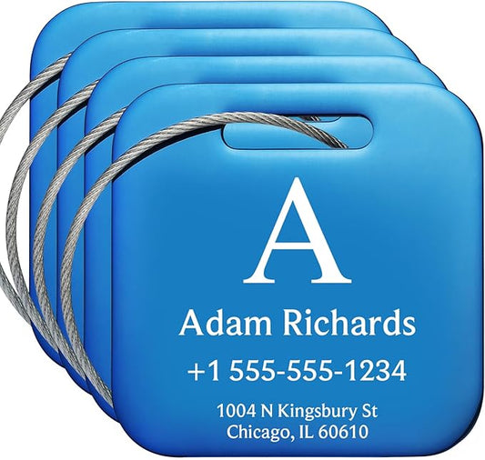 Stainless Luggage Tags for Suitcases 4 Pack: Metal Personalized Luggage Tags for Backpacks & Bags with Customizable Texts (Blue)