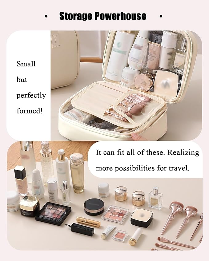 Travel Makeup Bag Skin-feel Leather, Large Capacity Cosmetic case for Women, Waterproof Portable Make up Organizer with Divider and Handle for Toiletries, Beauty Essentials (Beige)