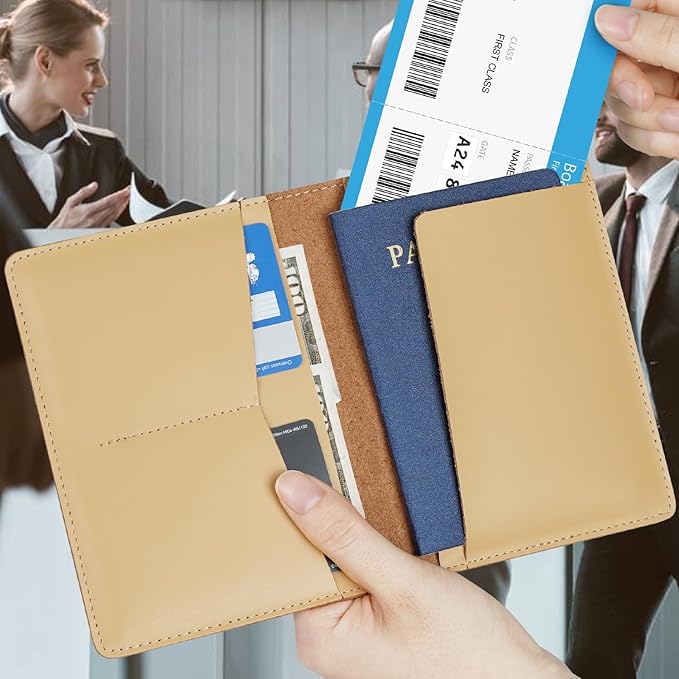 Full Grain Leather AirTag Passport Holder Wallet Cover for Men and Women Travel, Passport Holder with AirTag Slot Passport Wallet, Travel Essentials Genuine Leather Passport Cover Gifts (Beige)