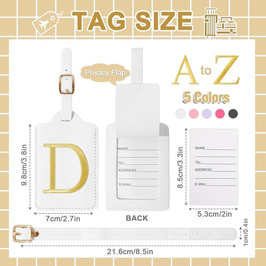 Personalized Initial Luggage Tags for Suitcase TSA Approved, White Leather Cute Luggage Tag with Privacy Cover Name Card, Embroidered Custom Luggage Tags Travel Baggage Tags Gifts for Women Kids(D)