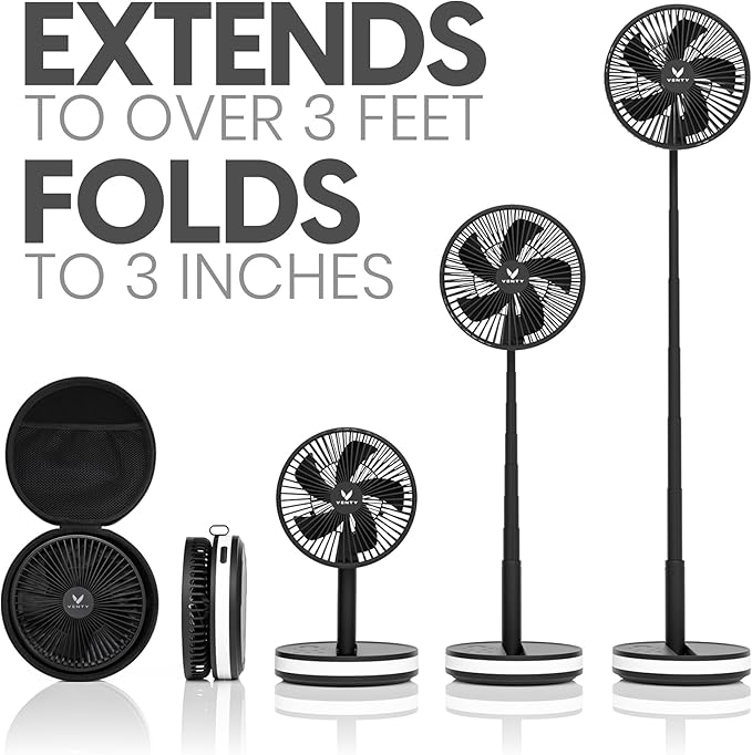 VENTY Portable Fan - Wireless Battery Operated Fan - 4 Speeds - LED Lighting - Carry Case & Remote Control - Cruise Travel - Outdoor Travel RV Power Bank With USB-C Port (Black with Case)