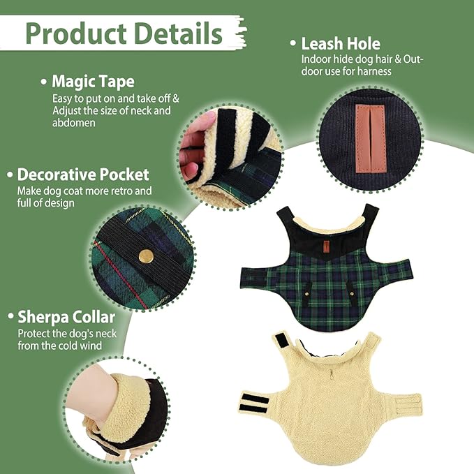 Winter Coat for Small and Medium Dogs, Puppy Plaid Jacket, Cotton Coat for Cold Weather, Windproof Warm Dog Garments, Pet Thickened Outfits Indoor Outdoor, Green S
