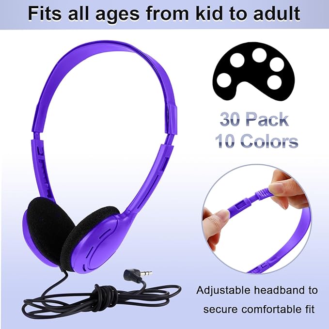 Yunsailing 30 Pack Bulk Over Ear Headphones Set On Ear Headsets Earphones with Adjustable Headband and 3.5mm Plug for Group Learning, Computer Lab, Library, Online Lesson (Purple)