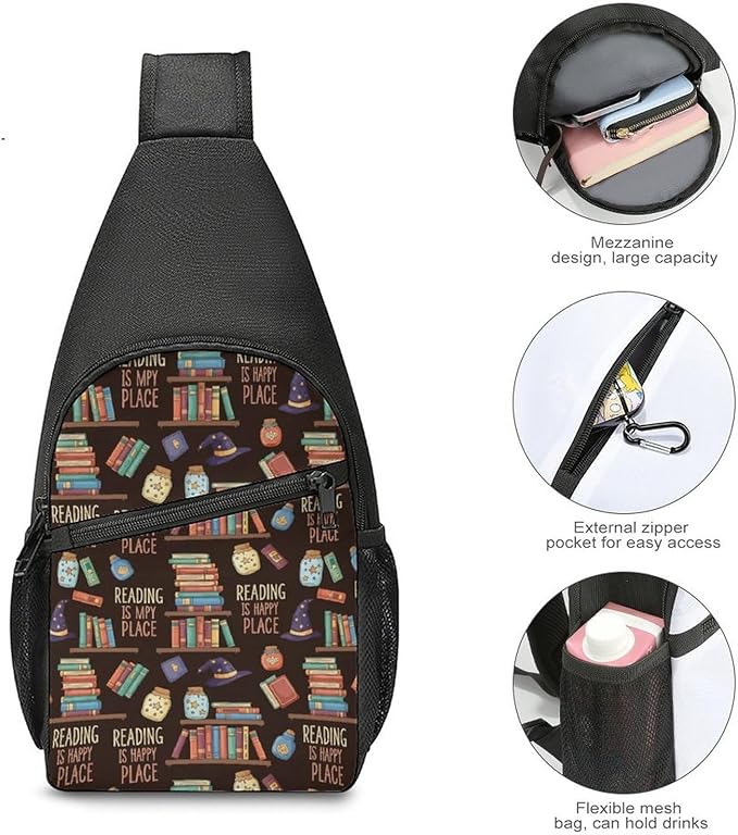 SWEET TANG Women's Cool Chest Bag Gym Sack Fashion Sling Shoulder Backpack Outdoor Sports Daypack Reading Book Is My Happy Place, Multipurpose Adjustable Bag Small Camera Case for Daily Use