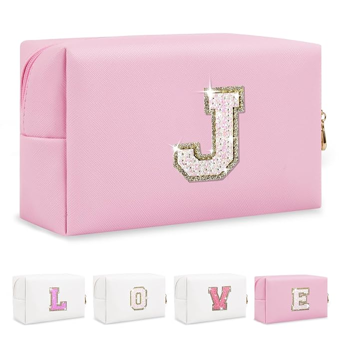 Small Personalized Initial A-Z Patch Makeup Bag,Pink Cute PU Leather Glitter Letter Cosmetic Bag for Teen Girls,Travel Toiletry Bag with Zipper,Preppy Monogrammed Birthday Gift for Daughter Niece J