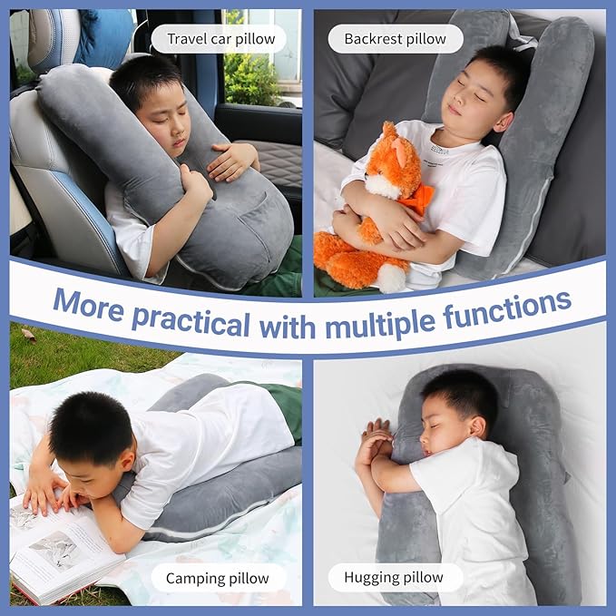 Car Pillow for Kids, Travel Pillow for Car, Toddler Travel Pillow for Sleeping Carseat Pillow for Adults, Removable and Washable Covers, Long Car Ride Essentials,Grey