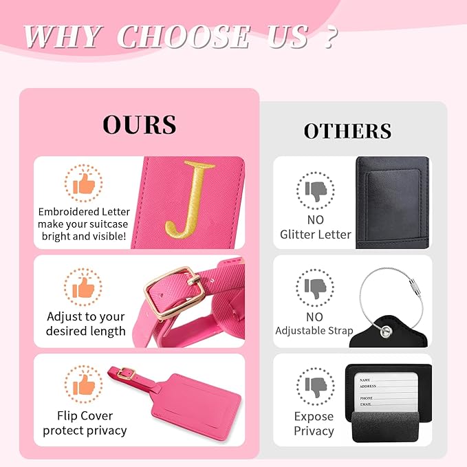 Personalized Initial Cute Luggage Tags - Rose Red Leather with Privacy Cover, Embroidered Custom Monogram for Women Kids